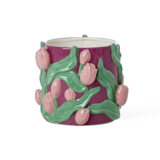 Ceramic Flower Pot - Bordeaux - Embossed Tulips Design