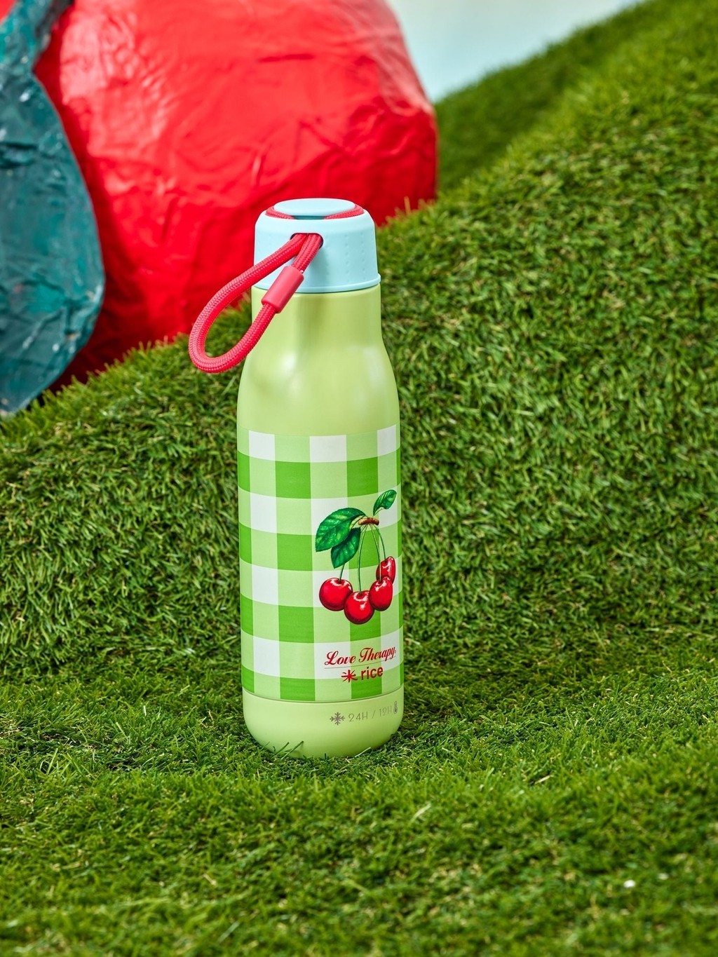 Stainless Steel Drinking Bottle - Green - Love Therapy Cherry Print